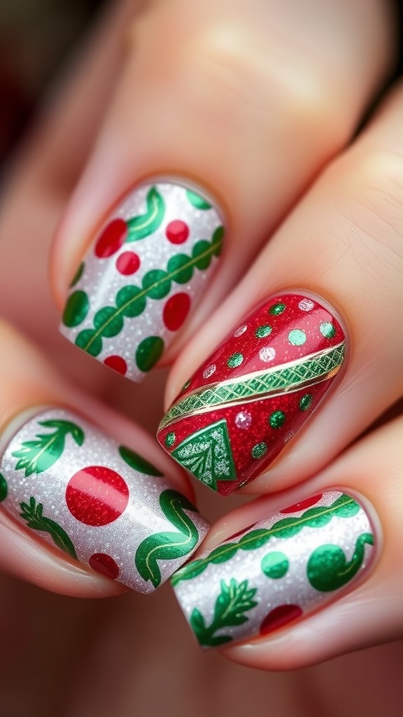 Close-up of red and green Christmas nail art with glitter and patterns.